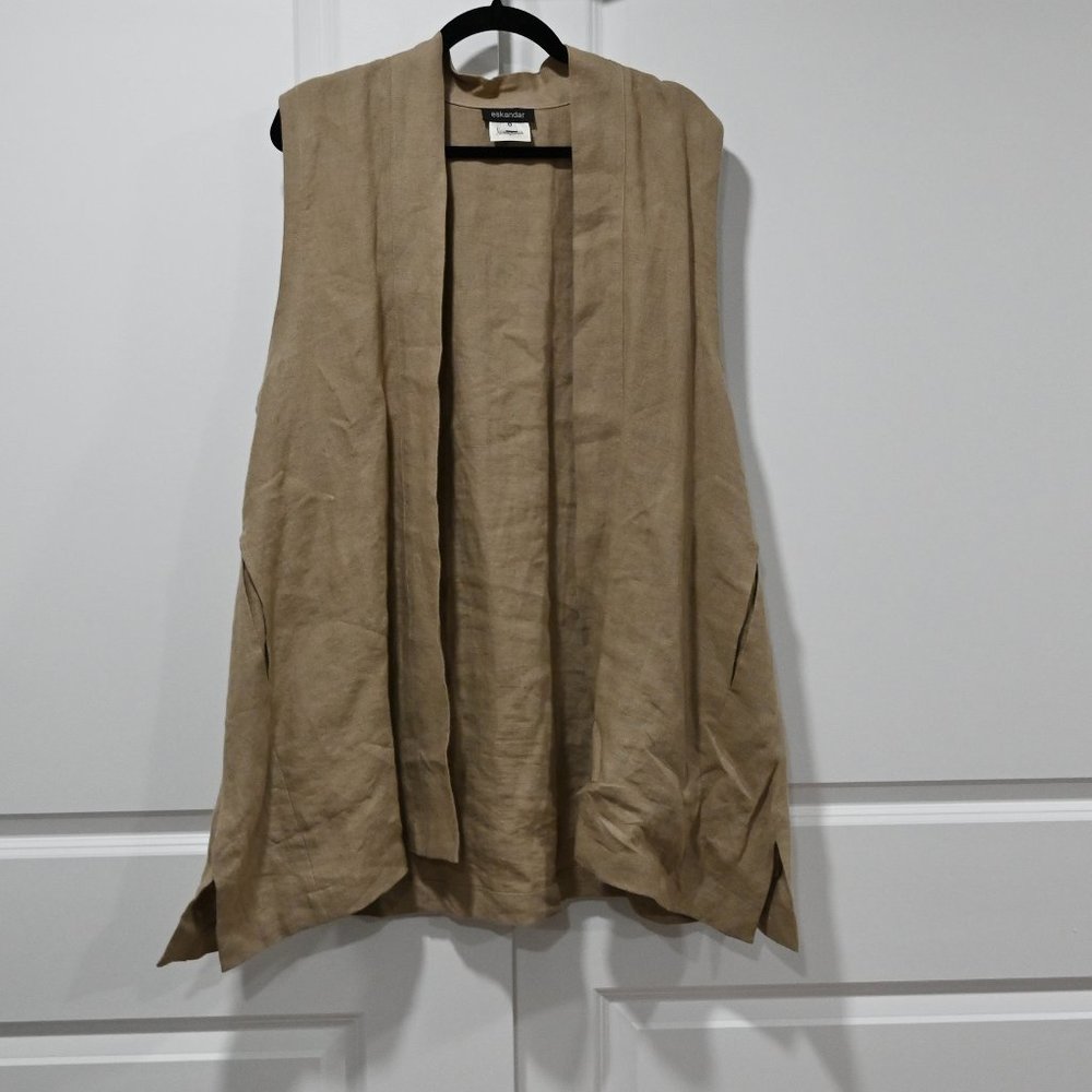ESKANDAR Size 0 Tan Linen A-Line Heavy Vest Jacket | Size 0